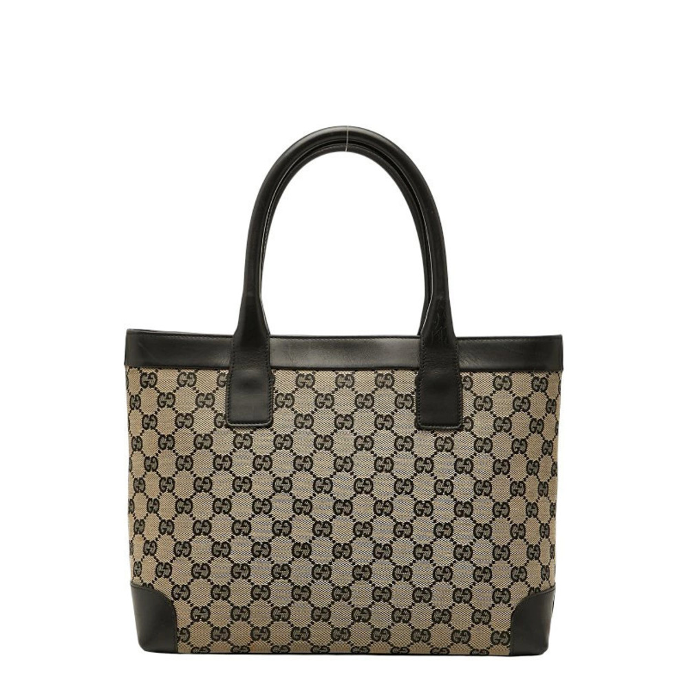 Gucci GG Canvas Shoulder Bag Tote Bag Beige Cream Black Leather
